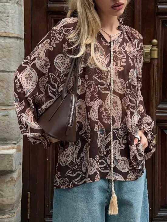 Coffee Brown Boho Women's Cashew Flower Print Shirt - Picture 5 of 8